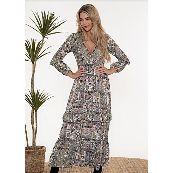 Cienna Silky Designs-Barik Boha Dress Maxi Ruffle Pretty Size Small - Picture 1 of 3